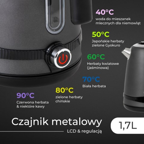 Adler AD1295G czajnik elektryczny 1,7 l, szary, 7 temperatur 40-100°C, LCD, 2200 W