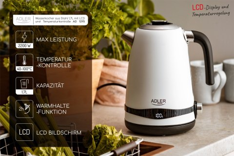 Adler AD1295W czajnik elektryczny 1,7 l, biały, 7 temperatur 40-100°C, LCD, 2200 W