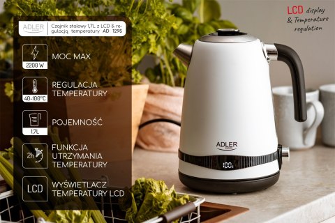 Adler AD1295W czajnik elektryczny 1,7 l, biały, 7 temperatur 40-100°C, LCD, 2200 W