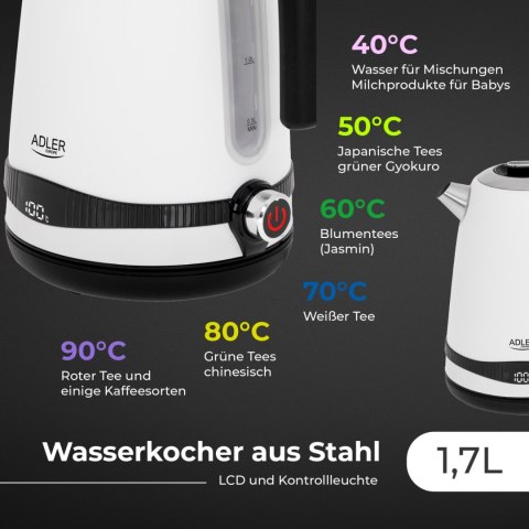 Adler AD1295W czajnik elektryczny 1,7 l, biały, 7 temperatur 40-100°C, LCD, 2200 W