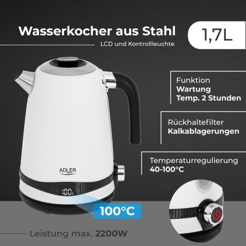Adler AD1295W czajnik elektryczny 1,7 l, biały, 7 temperatur 40-100°C, LCD, 2200 W