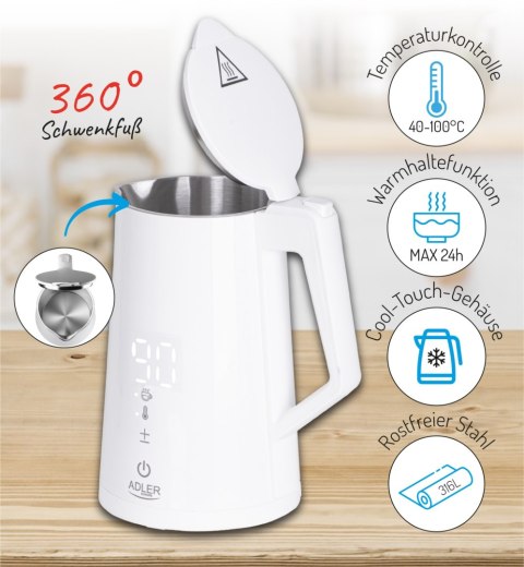 Adler AD1345W czajnik elektryczny 1,7 l, biały, regulacja temperatury, LED, STRIX