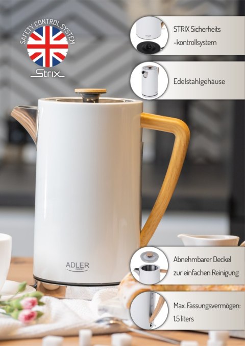 Adler AD1347W czajnik elektryczny 1,7 l, biały, stal nierdzewna, STRIX, 2200 W