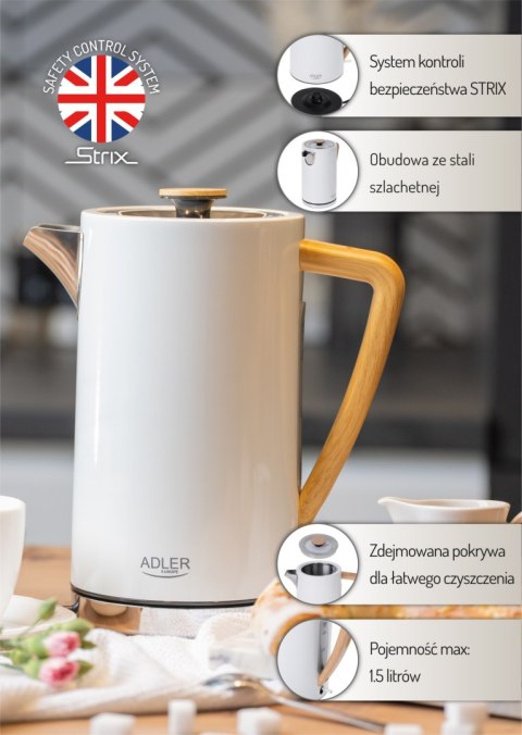 Adler AD1347W czajnik elektryczny 1,7 l, biały, stal nierdzewna, STRIX, 2200 W