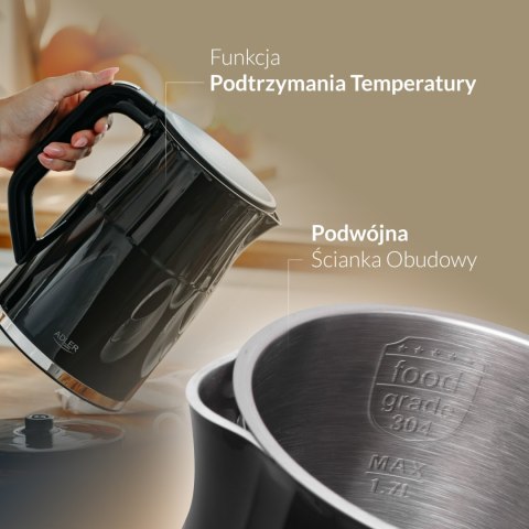 Adler AD1350 czajnik elektryczny 1,7 l, czarny, regulacja 40-100°C, LED, 2200 W
