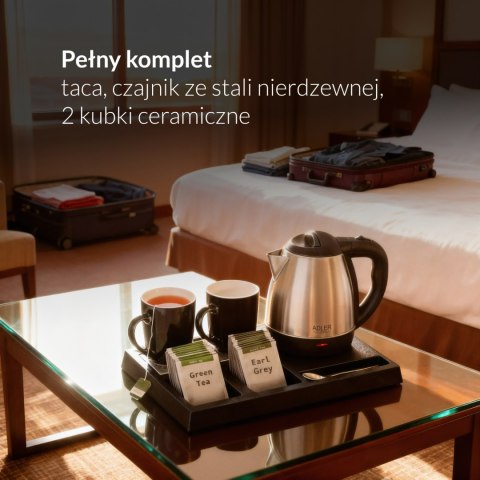 Adler AD1354 zestaw hotelowy: czajnik 1,2 l, 1500 W, taca i 2 kubki ceramiczne 320 ml