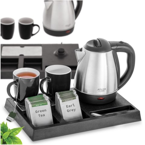 Adler AD1354 zestaw hotelowy: czajnik 1,2 l, 1500 W, taca i 2 kubki ceramiczne 320 ml