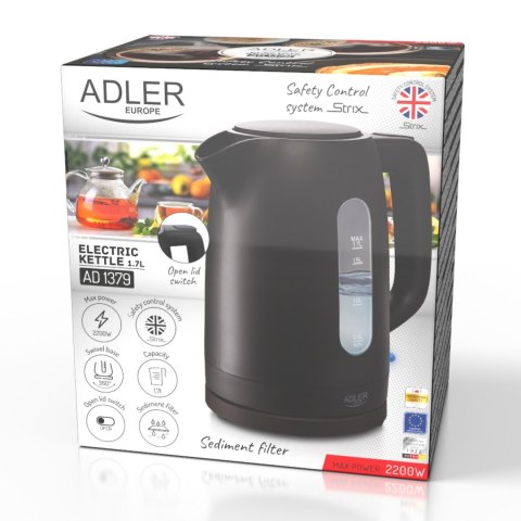 Adler AD1379B czajnik elektryczny 1,7 l, czarny, polipropylen, STRIX, 2200 W