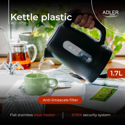 Adler AD1379B czajnik elektryczny 1,7 l, czarny, polipropylen, STRIX, 2200 W
