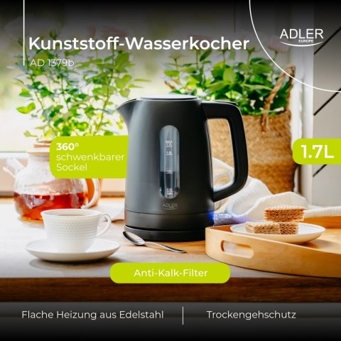 Adler AD1379B czajnik elektryczny 1,7 l, czarny, polipropylen, STRIX, 2200 W