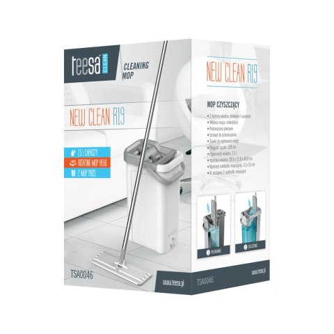 Mop płaski Teesa New Clean R19 TSA0046, wyciskacz, wiadro 7,5 l, rączka 128 cm, 2 nakładki
