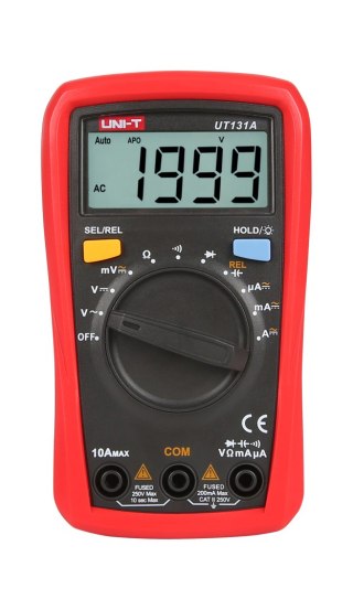 Multimetr Uni-T UT131A — napięcie AC/DC do 250 V, prąd do 10 A, pojemność, autozakres i podświetlenie