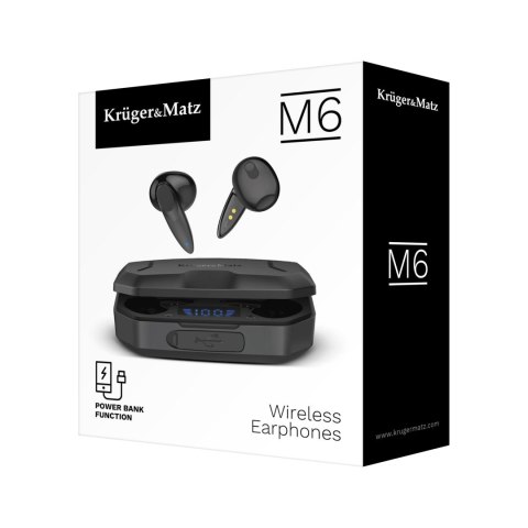 Słuchawki douszne TWS Krüger&Matz M6 KMPM6-B, Bluetooth 5.1, etui powerbank 2200 mAh, czarne