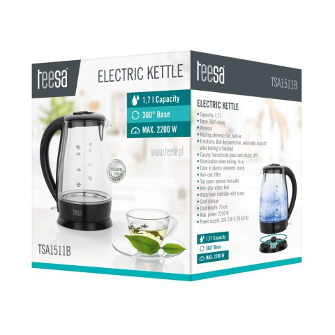 Szklany czajnik elektryczny Teesa TSA1511B, 1,7 l, 2200 W, czarny, podstawa 360°