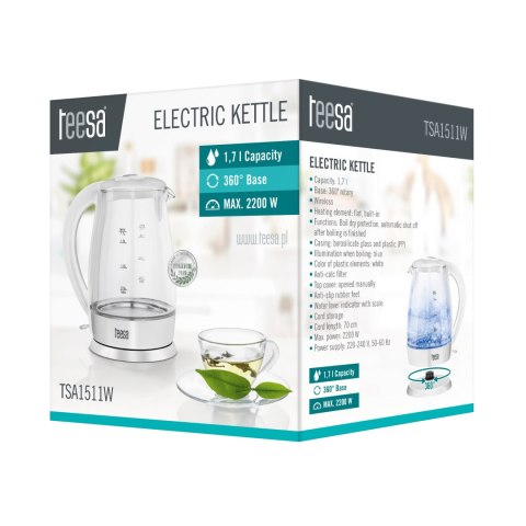 Szklany czajnik elektryczny Teesa TSA1511W, 1,7 l, 2200 W, biały, podstawa 360°