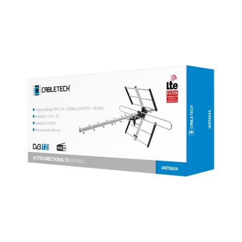 Aktywna antena TV Cabletech Yagi ANT0634, VHF/UHF, 16 elementów