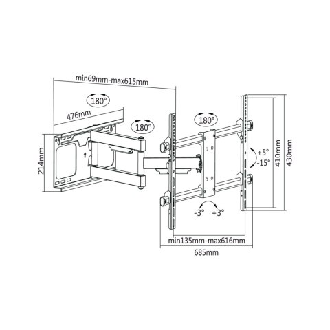 Ruchomy uchwyt ścienny Cabletech LPA49-463D UCH0205 do TV 37-70 cali, VESA do 600×400, 60 kg