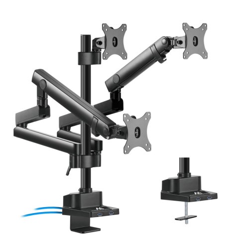 Uchwyt biurkowy do 3 monitorów Maclean MC-811, 17-27″, 3×7 kg, 2×USB, czarny