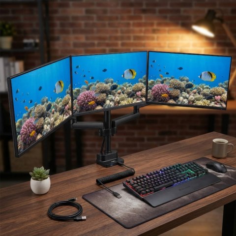 Uchwyt biurkowy do 3 monitorów Maclean MC-811, 17-27″, 3×7 kg, 2×USB, czarny