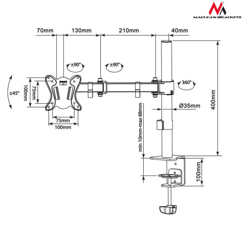 Uchwyt biurkowy do monitora Maclean MC-690N 13-27″, 8 kg, czarny