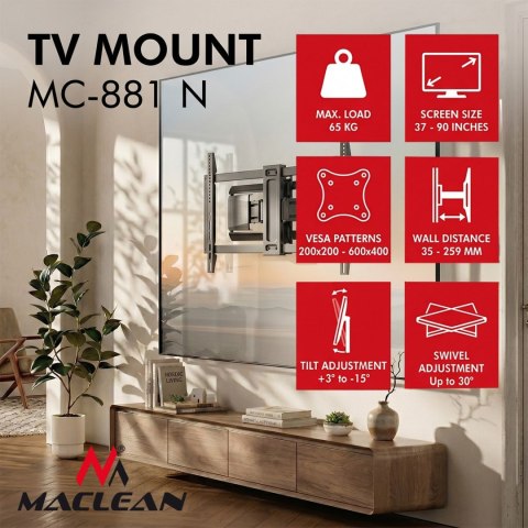 Uchwyt ścienny do TV Maclean MC-881 N, 37-90 cali, obrotowy, 65 kg
