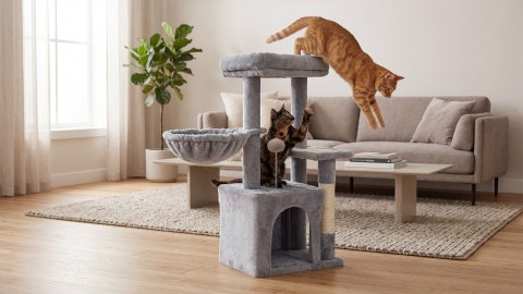 Drapak dla kota Rebel Animals RA-1003 z domkiem i legowiskami, 80 cm, szary