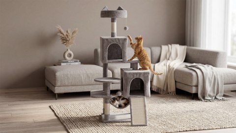 Drapak dla kota Rebel Animals RA-1006, 137 cm, szary, hamak i 2 domki