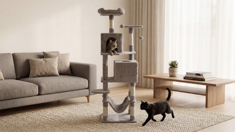 Drapak dla kota Rebel Animals RA-1007, 155 cm, szary, hamak i 2 domki