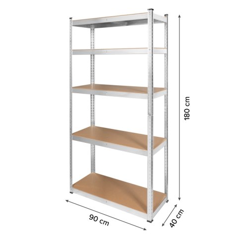Regał magazynowy Rebel RB-1250, 180 × 90 × 40 cm, 5 półek, 875 kg, srebrny ocynk