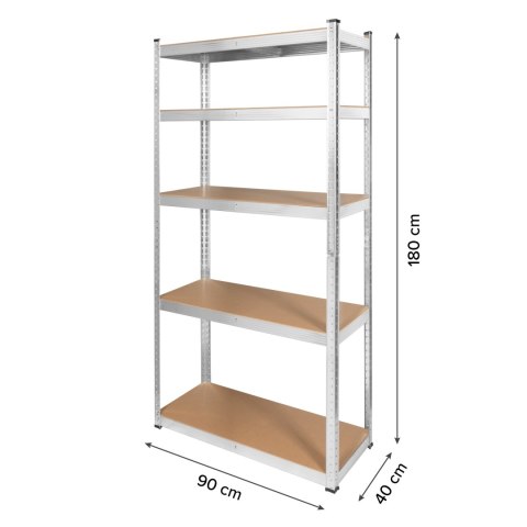 Regał magazynowy Rebel RB-1251, 180 × 90 × 40 cm, 5 półek, 750 kg, srebrny ocynk