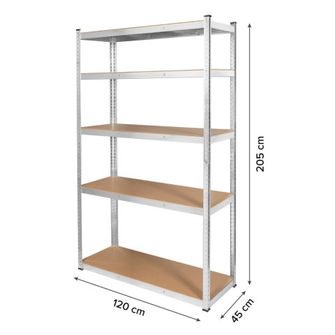 Regał magazynowy Rebel RB-1253, 205 × 120 × 45 cm, 5 półek, 875 kg, srebrny ocynk