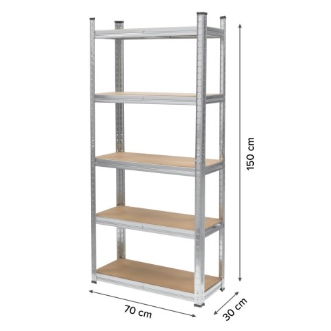 Regał magazynowy Rebel RB-1255, 150 × 70 × 30 cm, 5 półek, 750 kg, srebrny ocynk