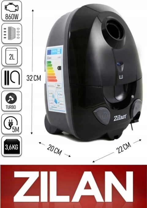 ODKURZACZ WORKOWY ZILAN ZLN8471 MEGA MOC TURBOSZCZOTKA FILTR PODWÓJNY