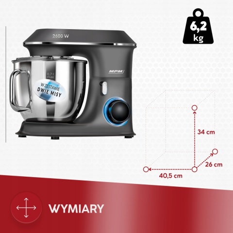 Robot Planetarny MPM MRK-20 2600W z 2 miskami i 6-stopniową regulacją