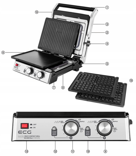 Grill elektryczny ECG KG 2033 3w1: gofry, panini, BBQ, 2000W
