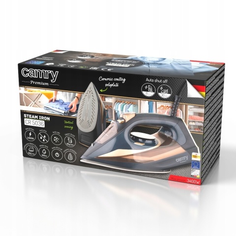 Żelazko Parowe Camry 3400W z Ceramiczną Stopą, Funkcja Pionowego Prasowania