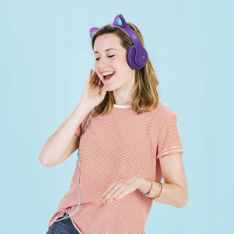 DZIECIĘCE SŁUCHAWKI BLUETOOTH LED RGB Z KOCIMI USZAMI MIKROFON P47M FIOLET