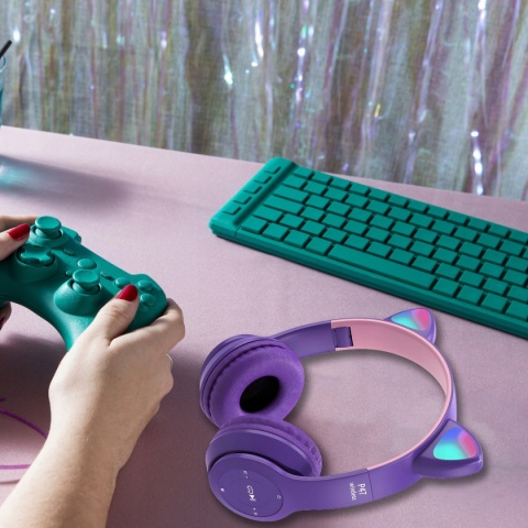 DZIECIĘCE SŁUCHAWKI BLUETOOTH LED RGB Z KOCIMI USZAMI MIKROFON P47M FIOLET
