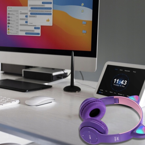 DZIECIĘCE SŁUCHAWKI BLUETOOTH LED RGB Z KOCIMI USZAMI MIKROFON P47M FIOLET