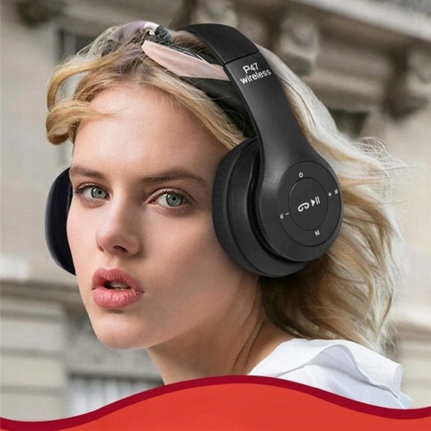 Bezprzewodowe słuchawki Bluetooth P47 z mikrofonem, FM, MP3 - czarne