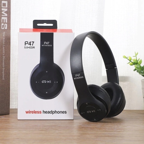 Bezprzewodowe słuchawki Bluetooth P47 z mikrofonem, FM, MP3 - czarne