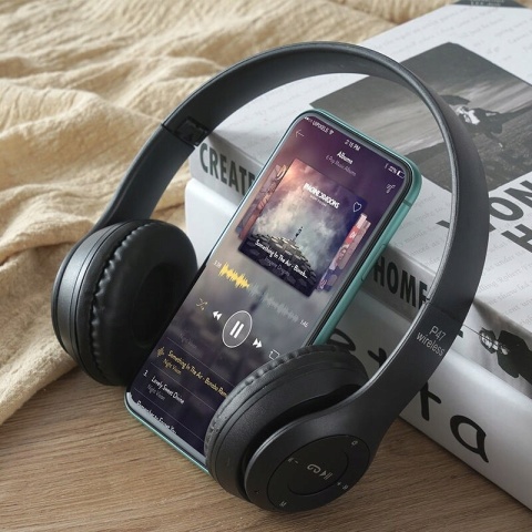 Bezprzewodowe słuchawki Bluetooth P47 z mikrofonem, FM, MP3 - czarne