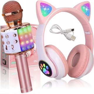 Kocie Uszy Bluetooth Słuchawki LED z Mikrofonem Karaoke - Różowe