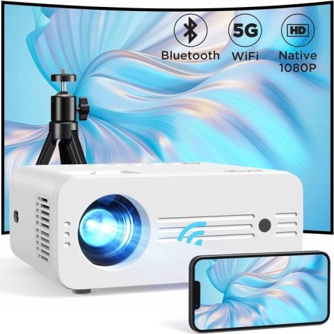 Projektor AKIYO 07 Full HD 9000 Lumenów z Bluetooth 5.2 i WiFi, Statyw