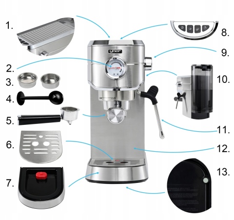 Ekspres ciśnieniowy Yoer INOX 1,2L 20bar 1450W z manometrem, automatyczny