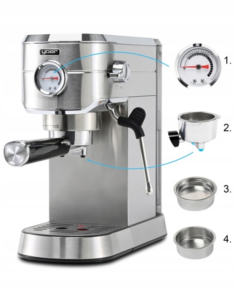 Ekspres ciśnieniowy Yoer INOX 1,2L 20bar 1450W z manometrem, automatyczny