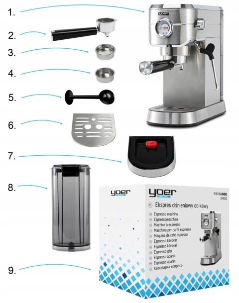 Ekspres ciśnieniowy Yoer INOX 1,2L 20bar 1450W z manometrem, automatyczny