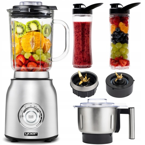 Blender kielichowy Yoer Titano 4w1, szklany 2,4L, młynek, 1800W, 2 bidony