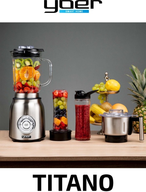 Blender kielichowy Yoer Titano 4w1, szklany 2,4L, młynek, 1800W, 2 bidony