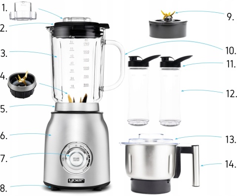 Blender kielichowy Yoer Titano 4w1, szklany 2,4L, młynek, 1800W, 2 bidony